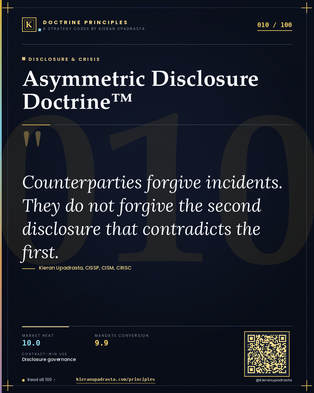 Principle 010: Asymmetric Disclosure Doctrine™ — Disclosure & Crisis doctrine card by Professor Kieran Upadrasta, CISSP CISM CRISC, Schiphol University