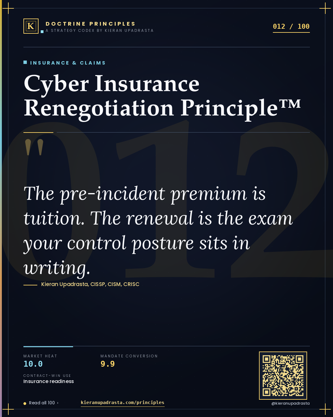 Principle 012: Cyber Insurance Renegotiation Principle™ — Insurance & Claims doctrine card by Professor Kieran Upadrasta, CISSP CISM CRISC, Schiphol University