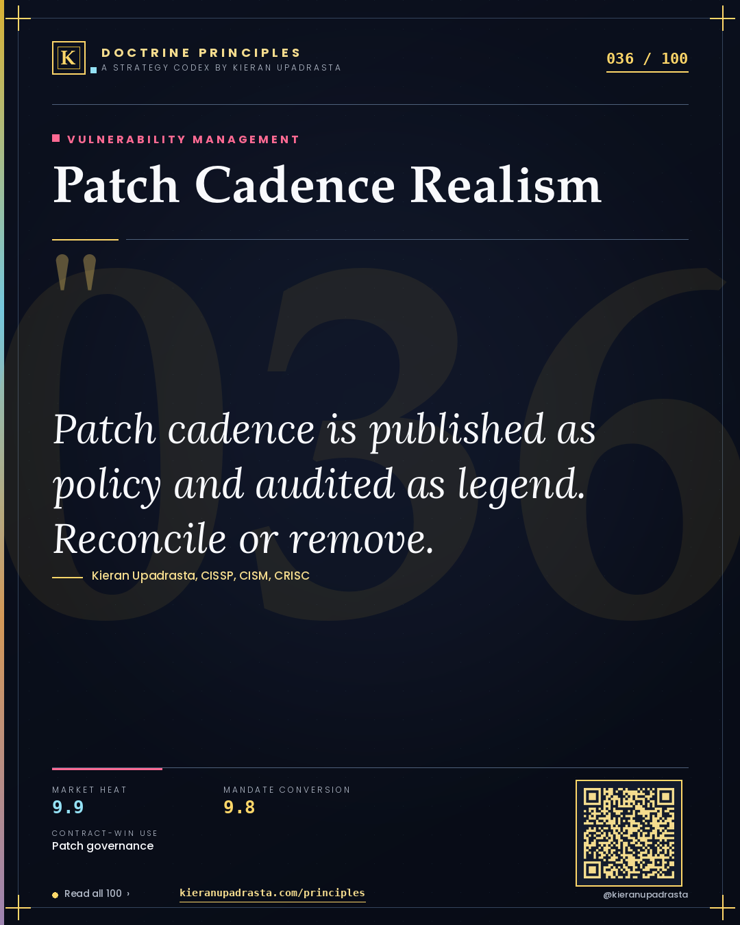 Principle 036: Patch Cadence Realism — Vulnerability Management doctrine card by Professor Kieran Upadrasta, CISSP CISM CRISC, Schiphol University