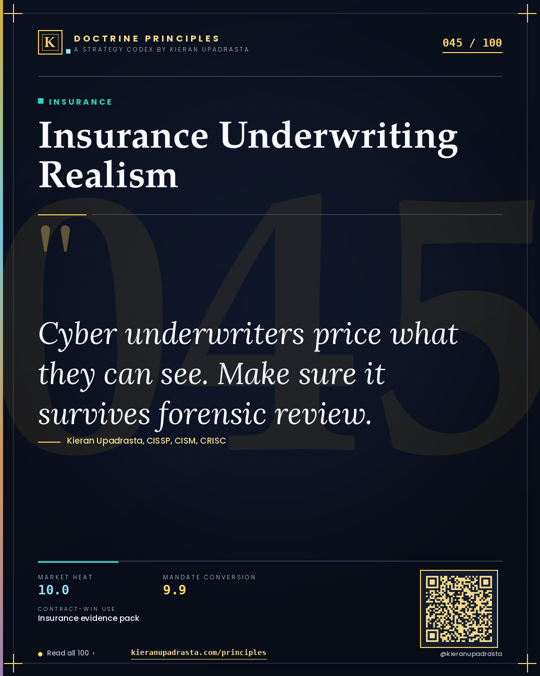 Principle 045: Insurance Underwriting Realism — Insurance doctrine card by Professor Kieran Upadrasta, CISSP CISM CRISC, Schiphol University