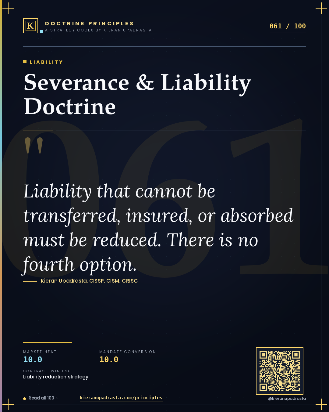 Principle 061: Severance & Liability Doctrine — Liability doctrine card by Professor Kieran Upadrasta, CISSP CISM CRISC, Schiphol University
