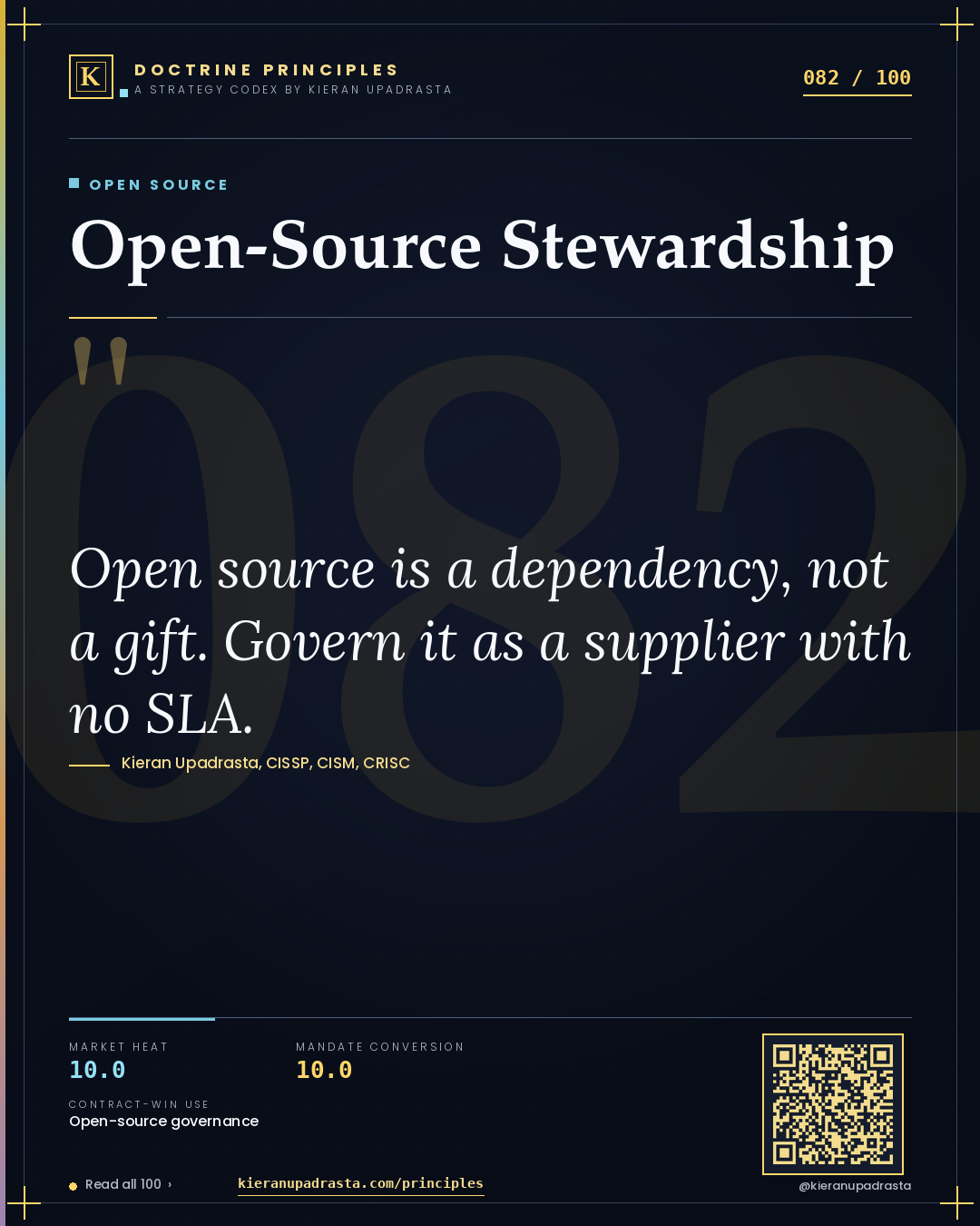 Principle 082: Open-Source Stewardship — Open Source doctrine card by Professor Kieran Upadrasta, CISSP CISM CRISC, Schiphol University