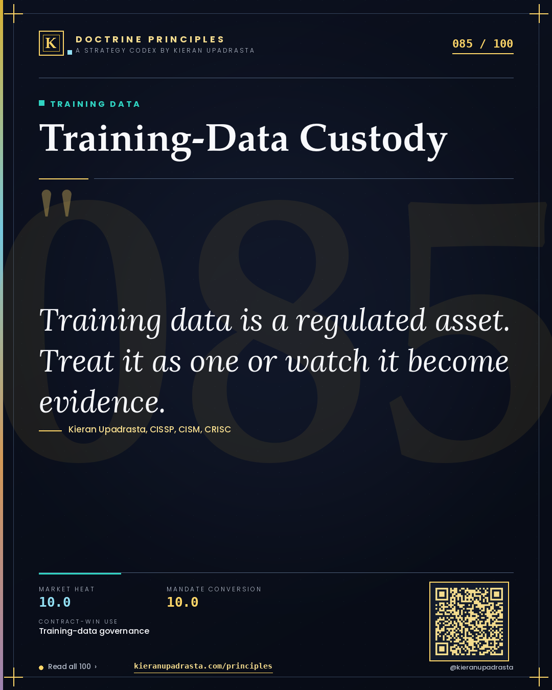 Principle 085: Training-Data Custody — Training Data doctrine card by Professor Kieran Upadrasta, CISSP CISM CRISC, Schiphol University