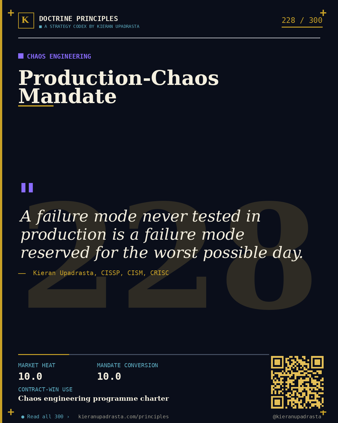 Principle 228: Validated-Recovery Doctrine &mdash; RTO/RPO Discipline doctrine card by Professor Kieran Upadrasta, CISSP CISM CRISC, Schiphol University