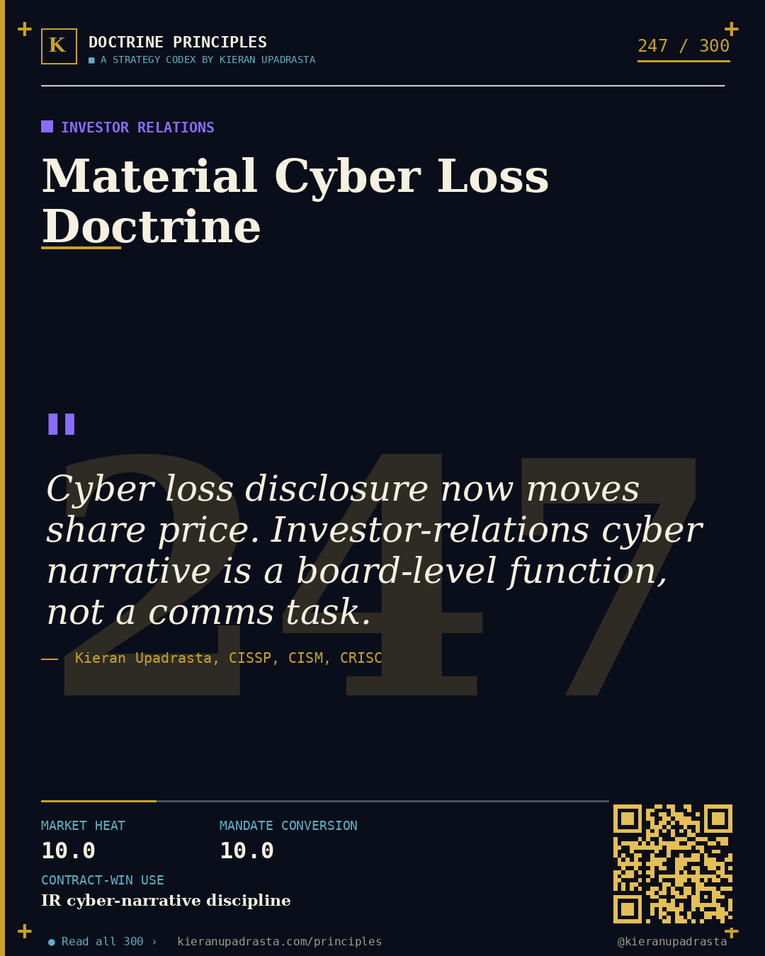 Principle 247: Press-Release-as-Disclosure — Crisis Comms doctrine card by Professor Kieran Upadrasta, CISSP CISM CRISC, Schiphol University